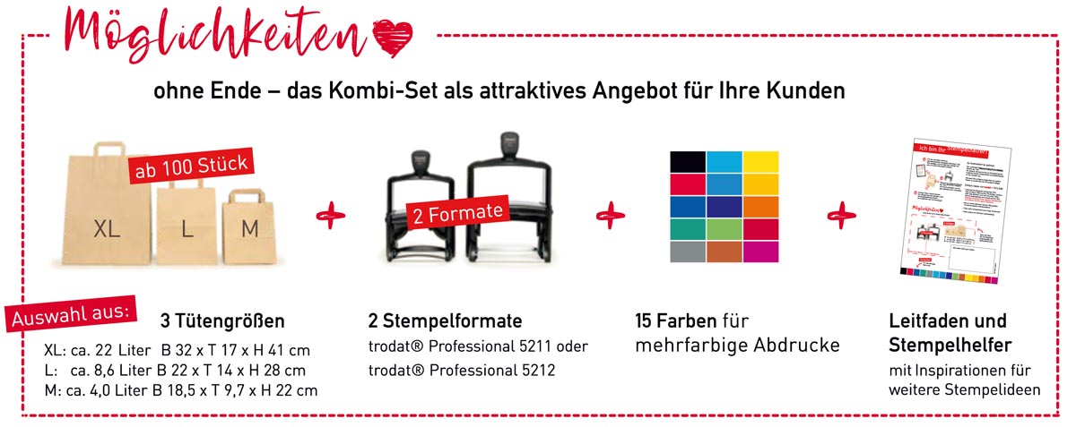 Möglichkeiten ohne Ende - Kombinieren Sie Tüten und Stempel in verschiedenen Größen und mit verschiedenen Abdruckfarben. Das Ergebnis: Ihre einzigartige Werbung!